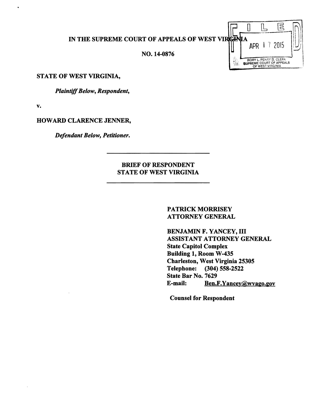 Respondent's Brief, State of West Virginia V. Howard Clarence Jenner, No. 14-0876