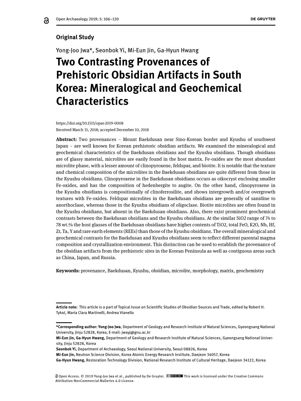 Two Contrasting Provenances of Prehistoric Obsidian Artifacts in South Korea: Mineralogical and Geochemical Characteristics