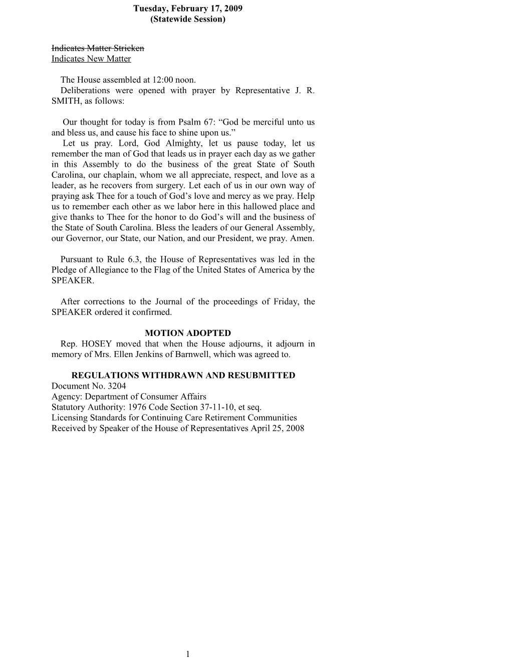 House Journal for Feb. 17, 2009 - South Carolina Legislature Online