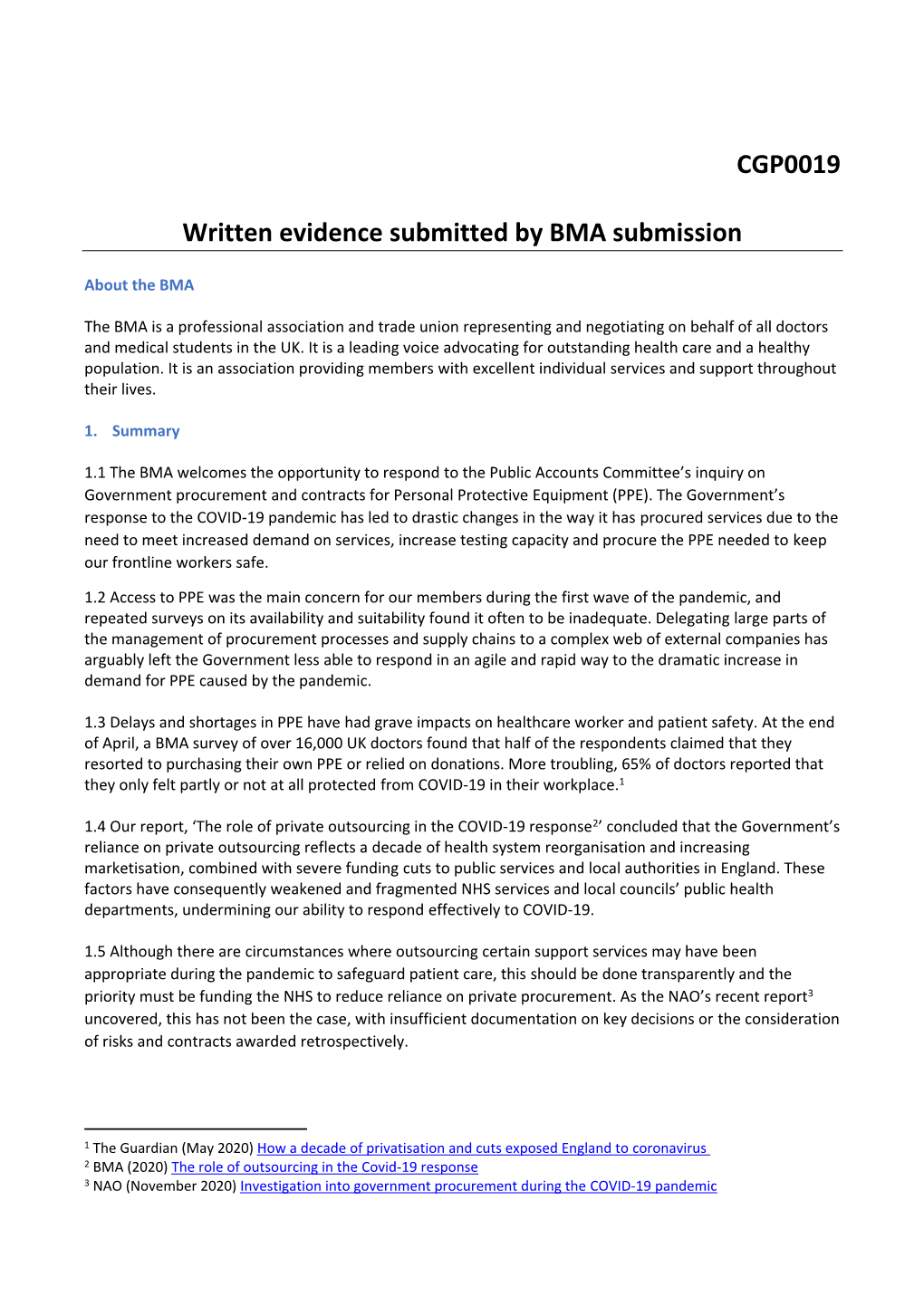 CGP0019 Written Evidence Submitted by BMA Submission