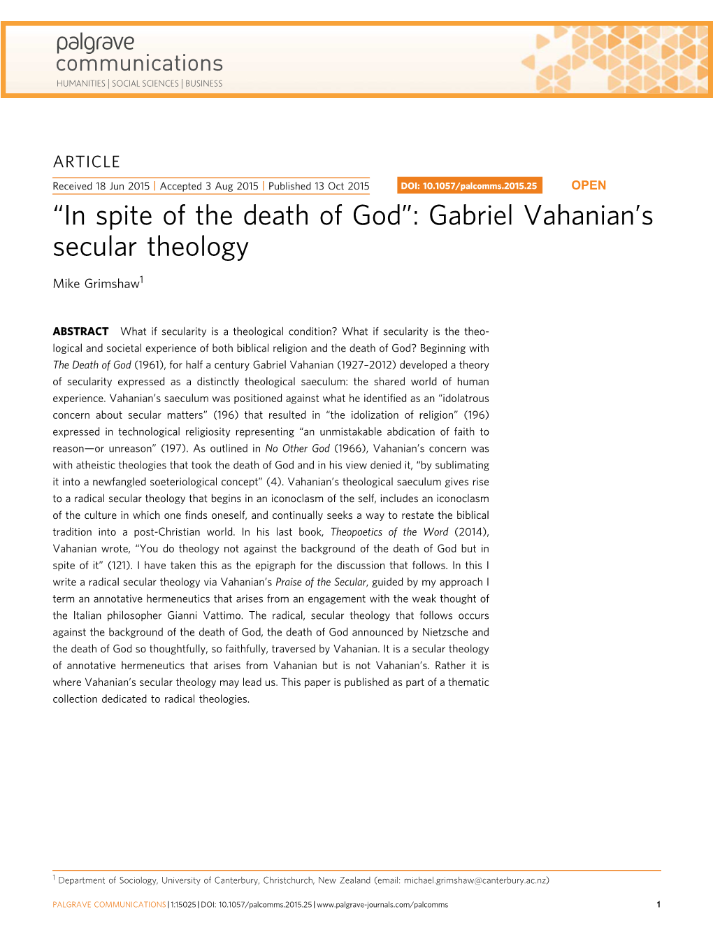 “In Spite of the Death of God”: Gabriel Vahanian's Secular Theology