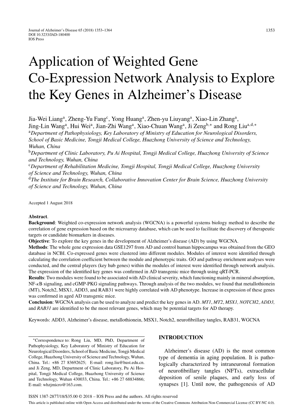 Application of Weighted Gene Co-Expression Network Analysis to Explore the Key Genes in Alzheimer’S Disease