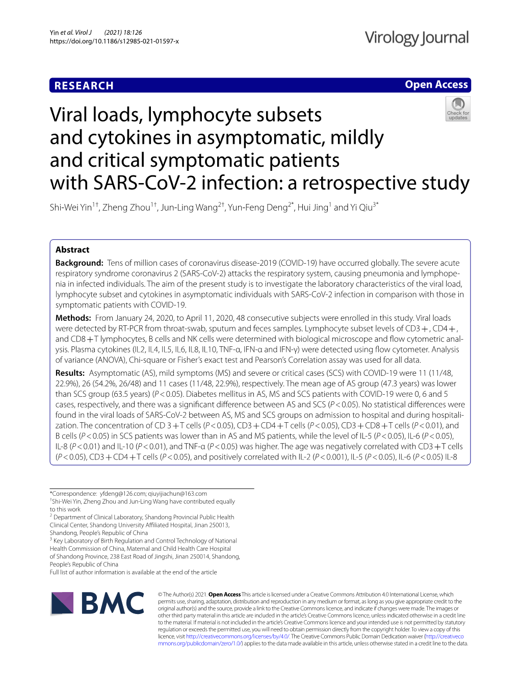 Viral Loads, Lymphocyte Subsets and Cytokines in Asymptomatic, Mildly