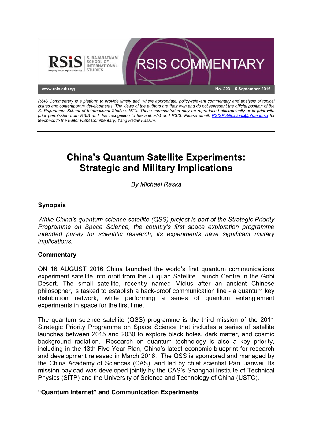 China's Quantum Satellite Experiments: Strategic and Military Implications