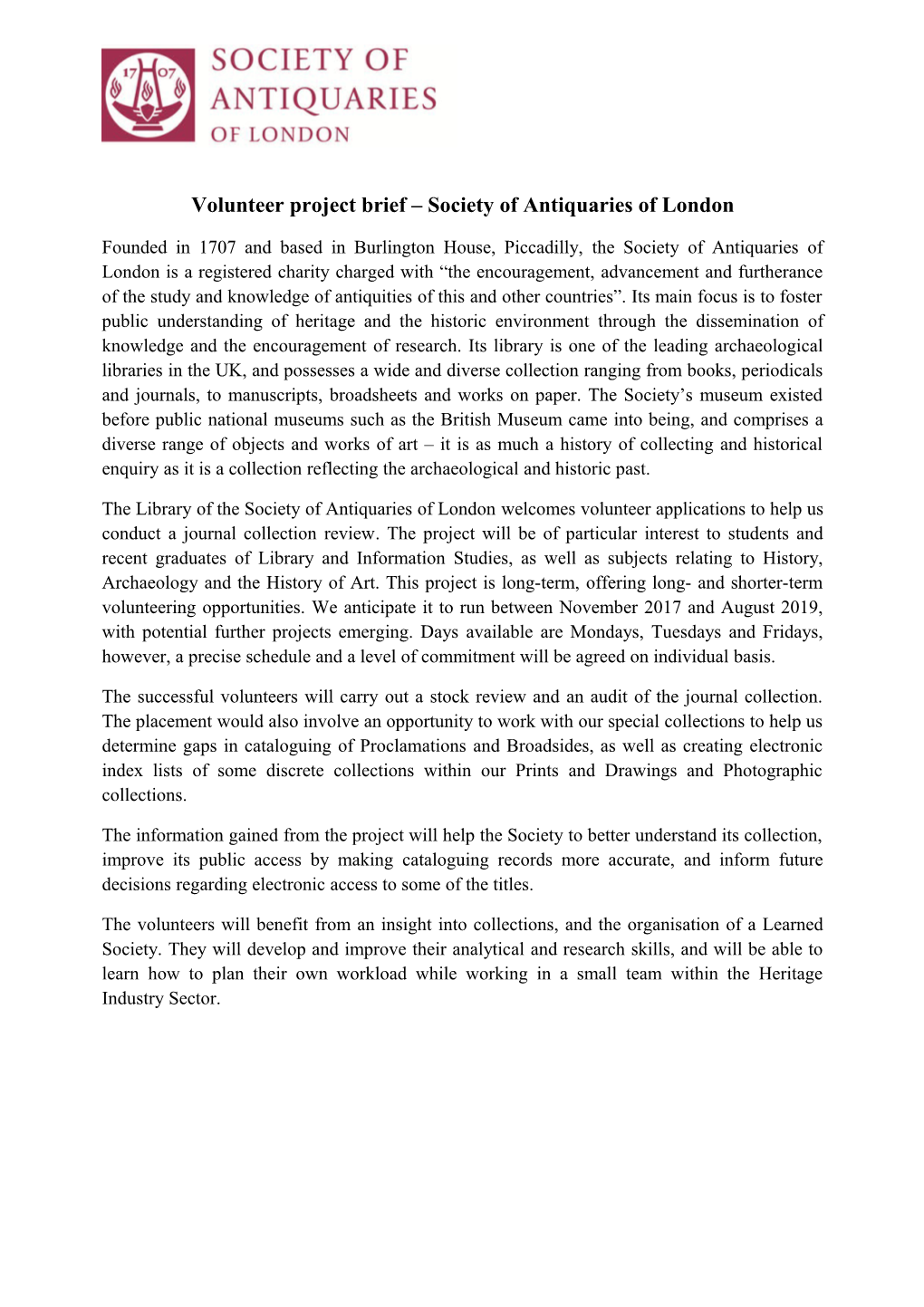 Volunteer Project Brief Society of Antiquaries of London