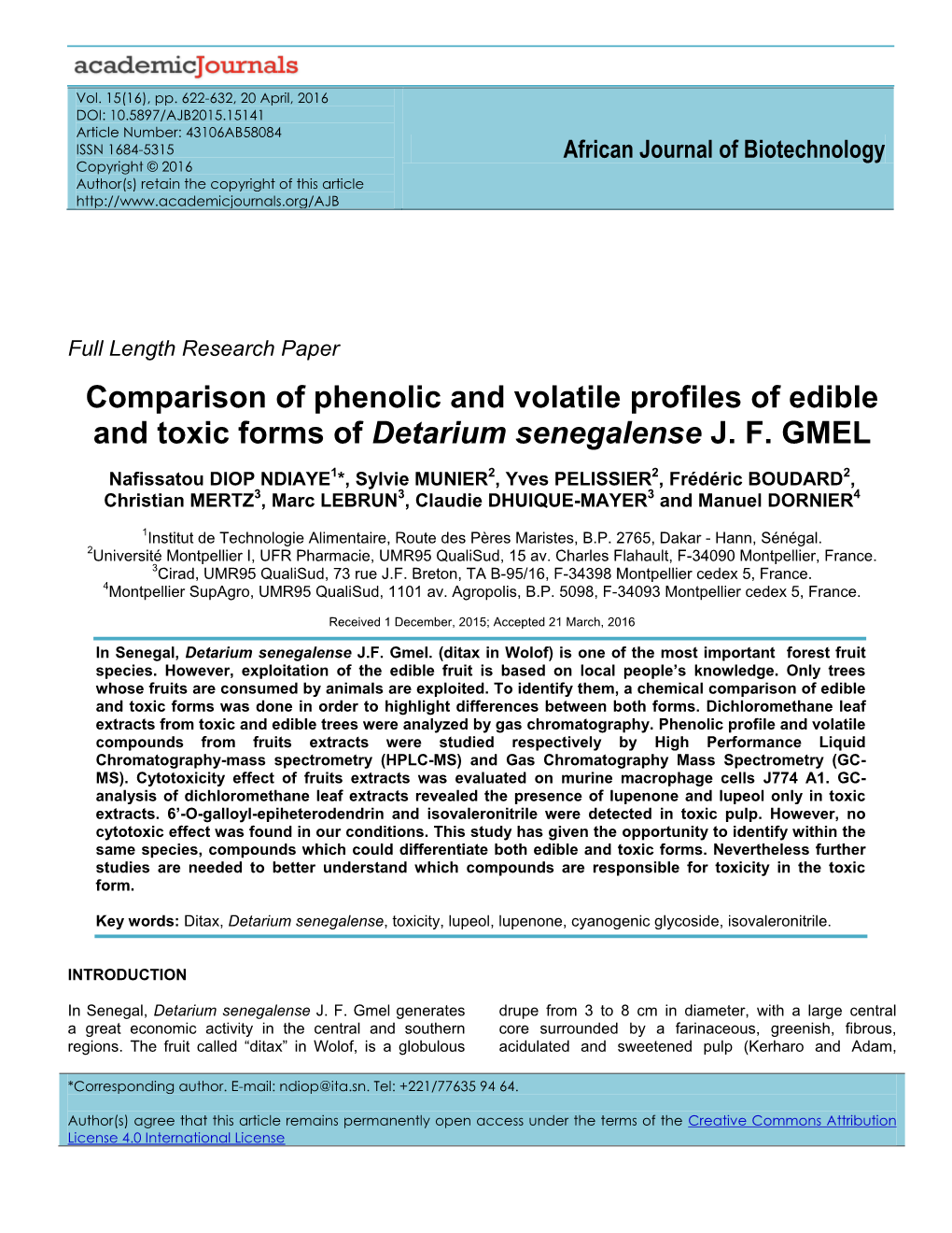 Comparison of Phenolic and Volatile Profiles of Edible and Toxic Forms of Detarium Senegalense J