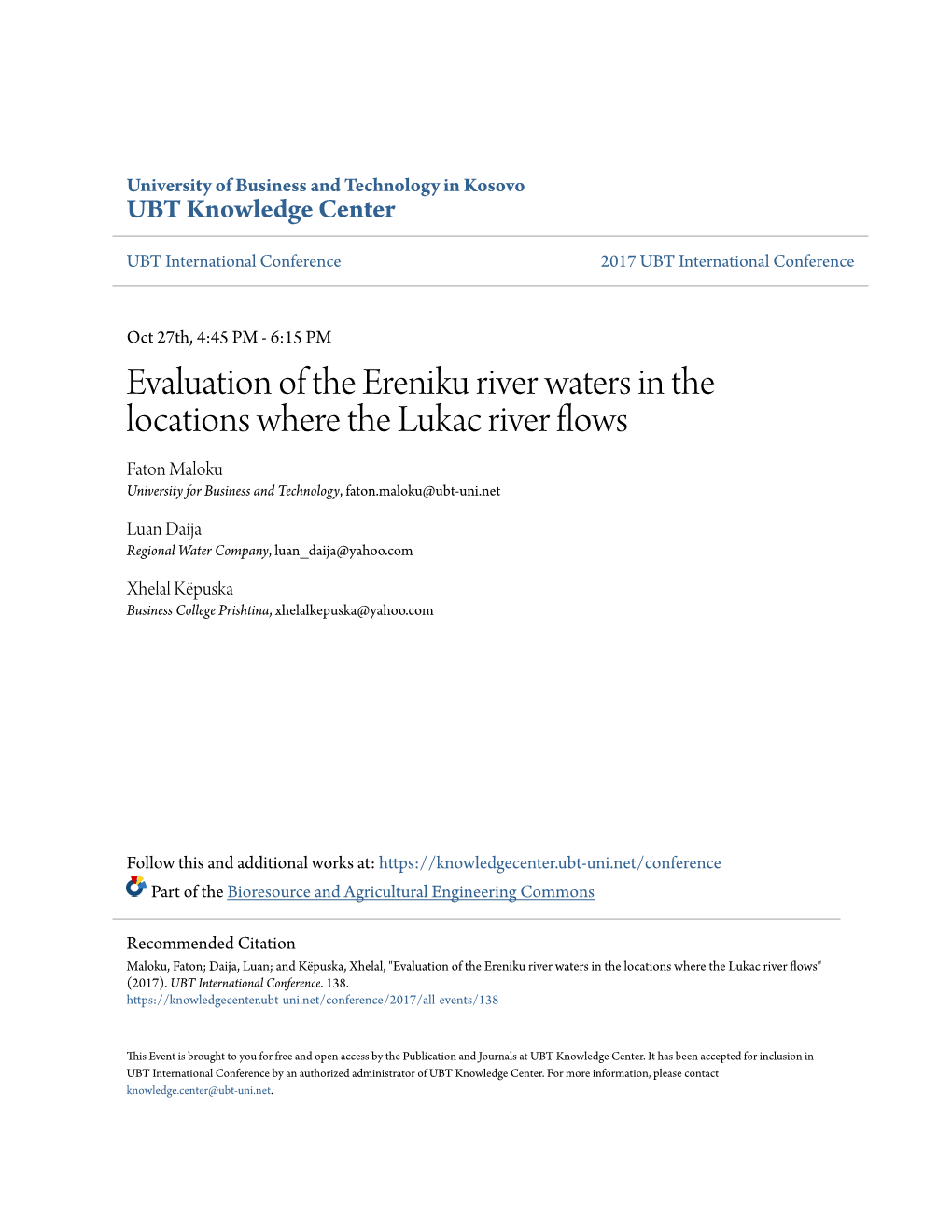 Evaluation of the Ereniku River Waters in the Locations Where the Lukac River Flows Faton Maloku University for Business and Technology, Faton.Maloku@Ubt-Uni.Net