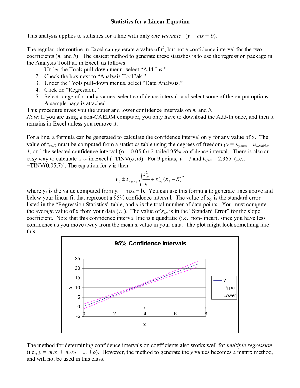 Statistics for a Linear Equation