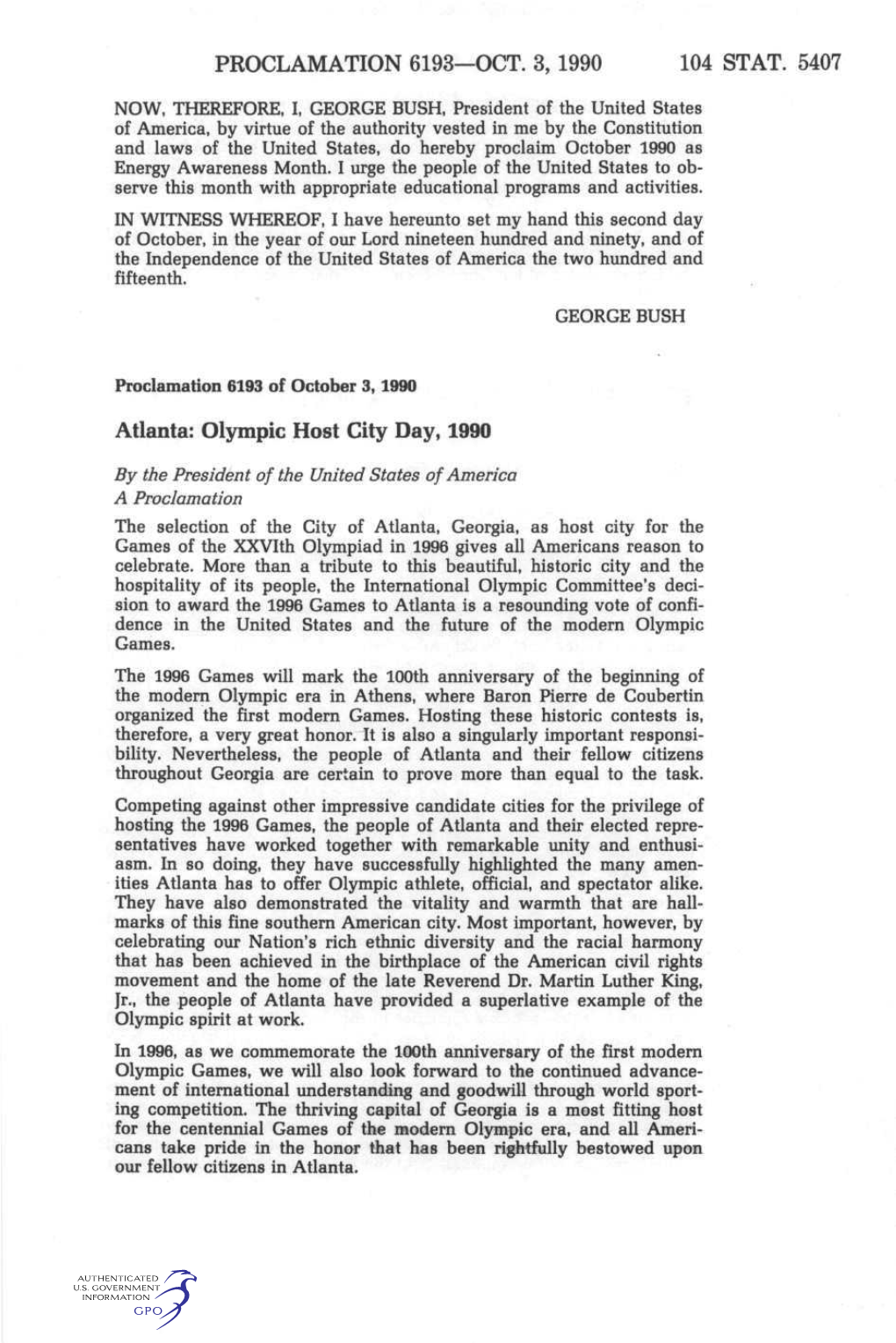 PROCLAMATION 6193—OCT. 3, 1990 104 STAT. 5407 Atlanta