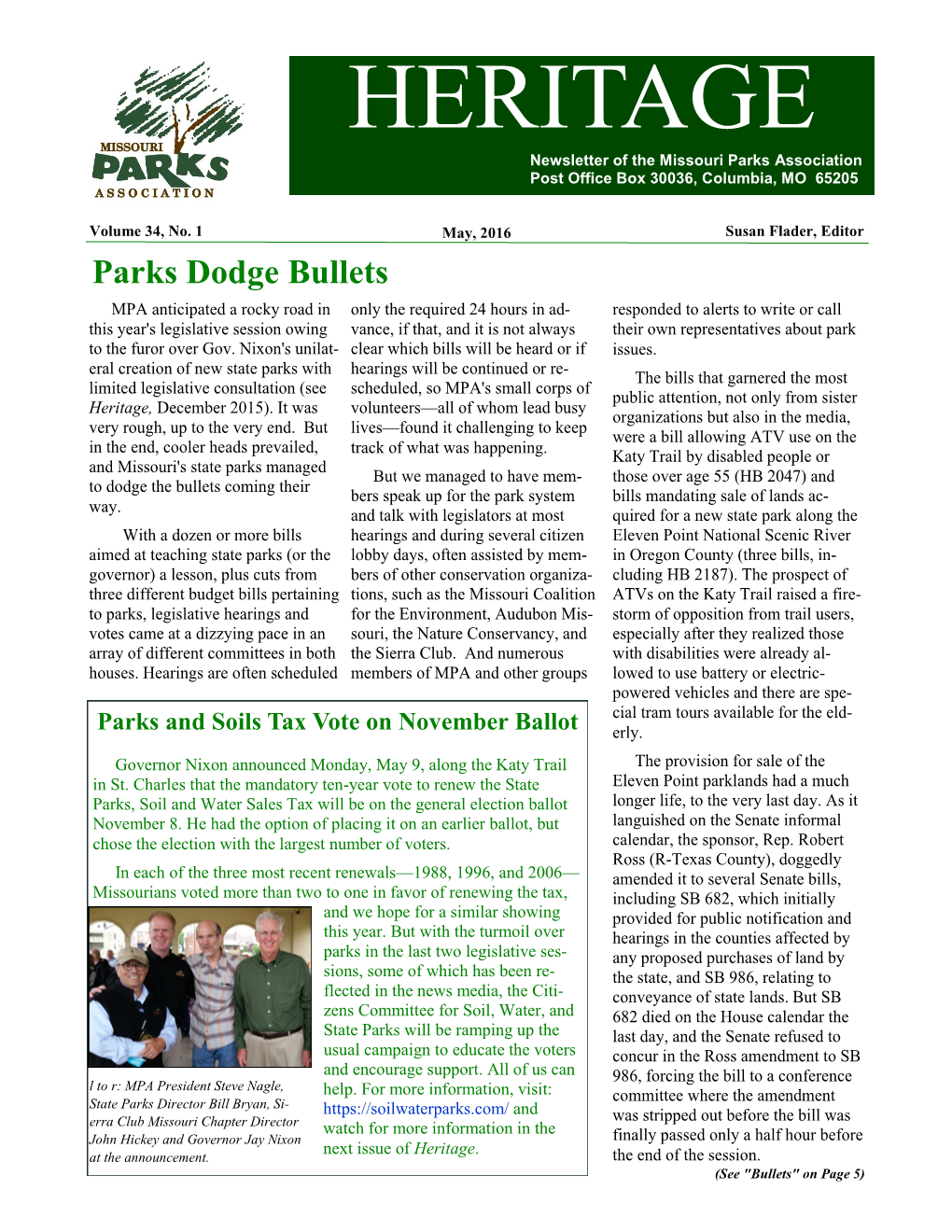 HERITAGE Newsletter of the Missouri Parks Association Post Office Box 30036, Columbia, MO 65205