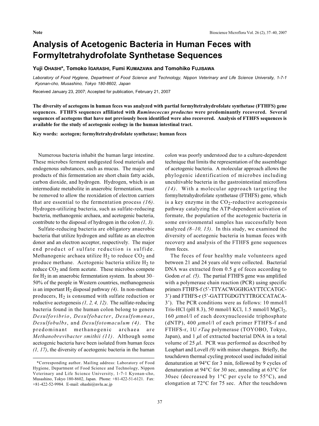 Analysis of Acetogenic Bacteria in Human Feces with Formyltetrahydrofolate Synthetase Sequences