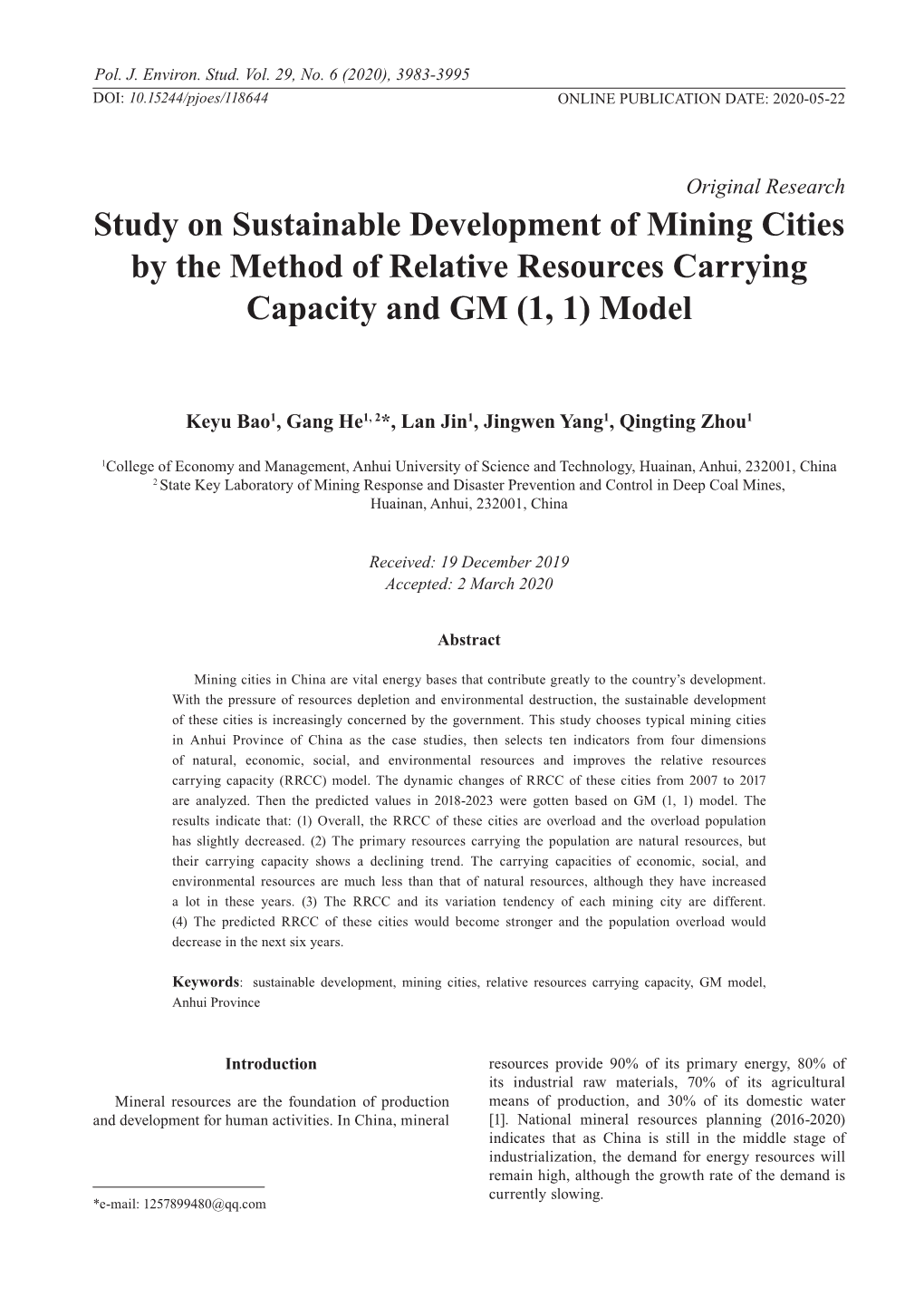 Study on Sustainable Development of Mining Cities by the Method of Relative Resources Carrying Capacity and GM (1, 1) Model