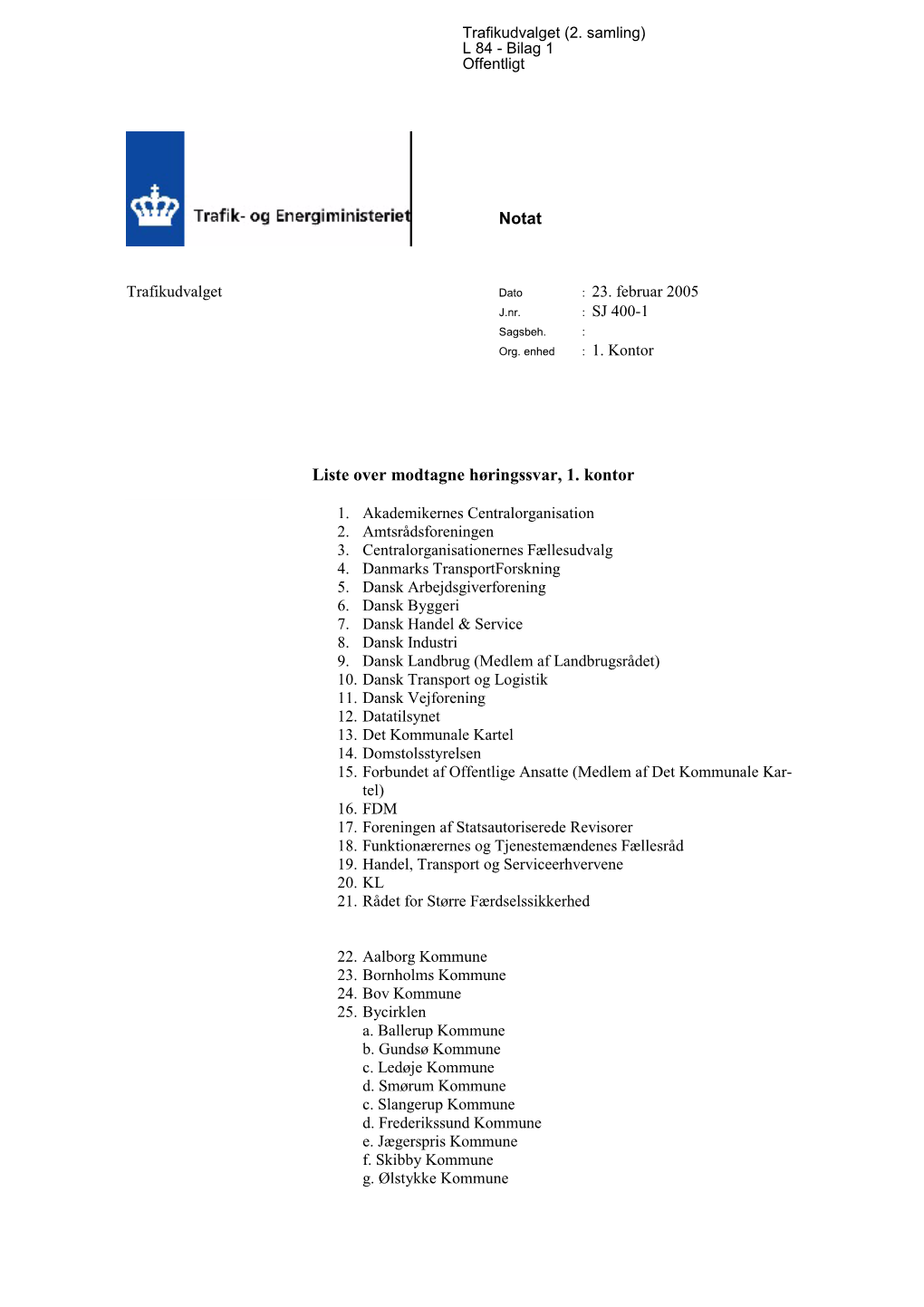 Notat Liste Over Modtagne Høringssvar, 1. Kontor