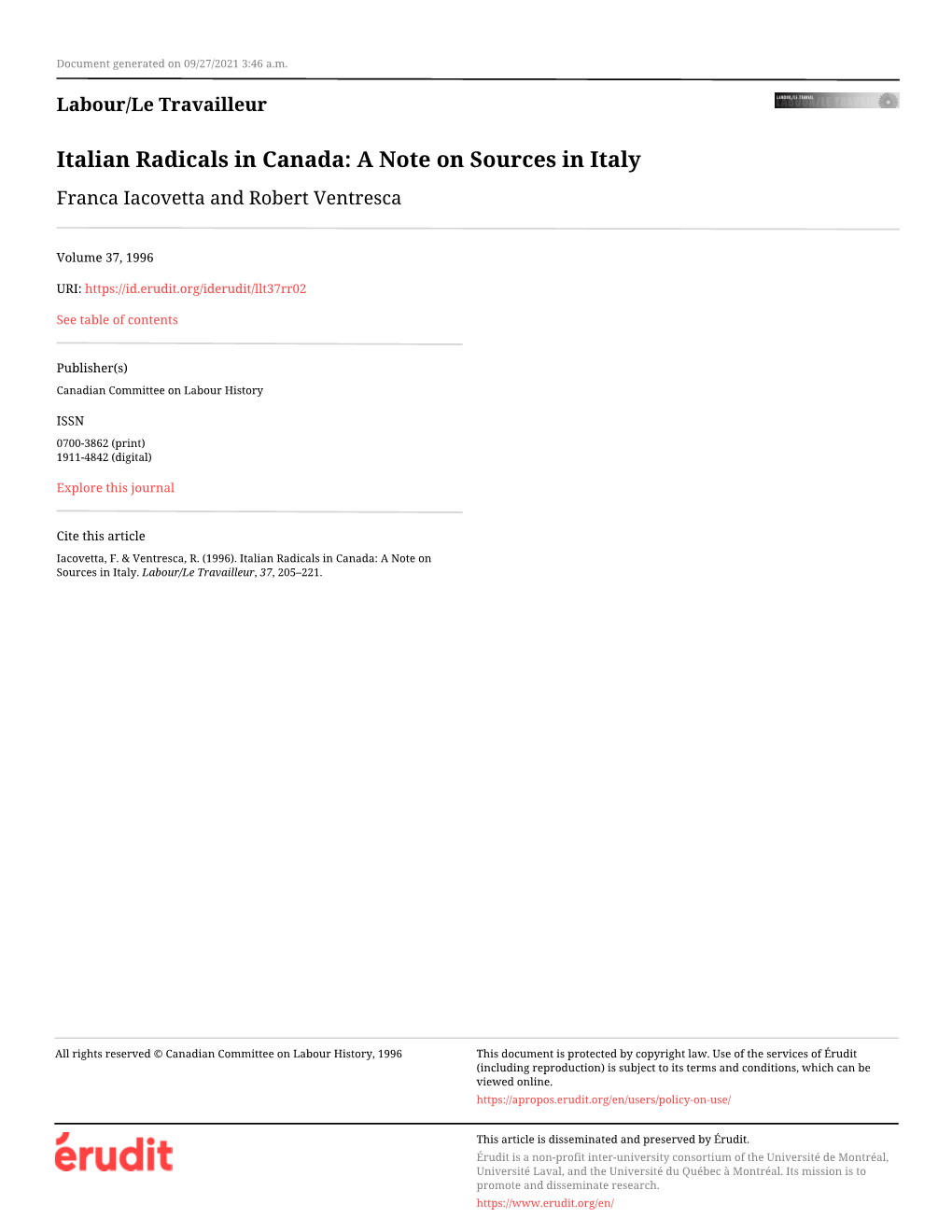 Italian Radicals in Canada: a Note on Sources in Italy Franca Iacovetta and Robert Ventresca