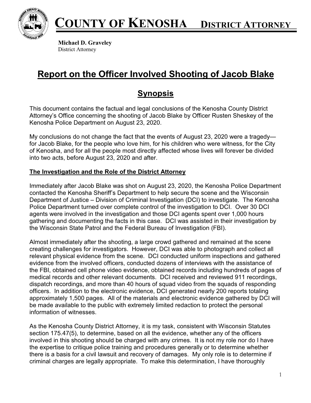 Report on the Officer Involved Shooting of Jacob Blake