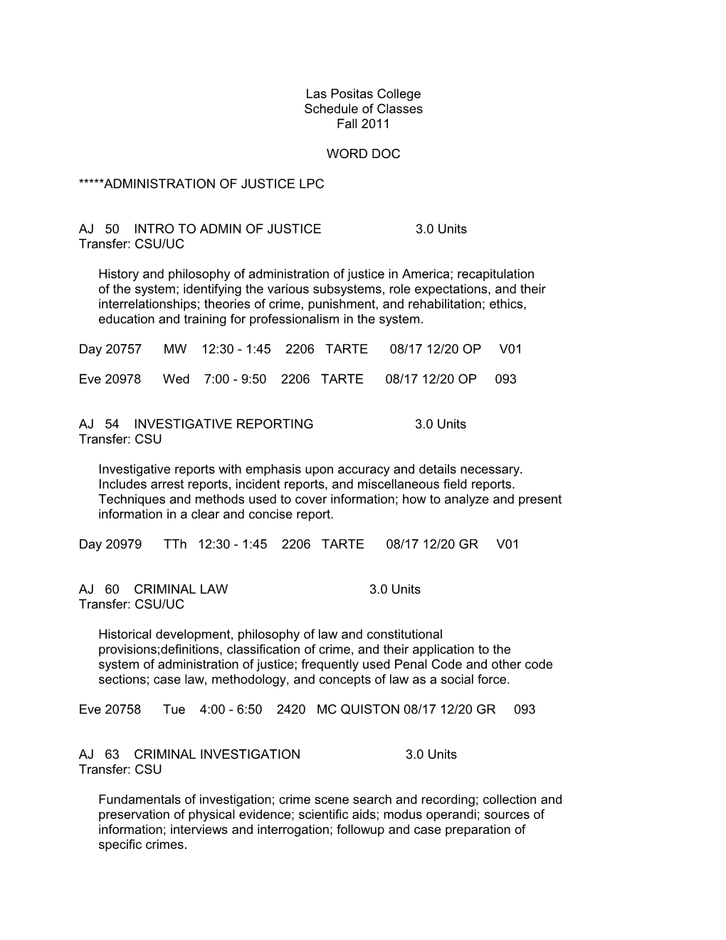 Las Positas College Schedule Of Classes Fall 2011