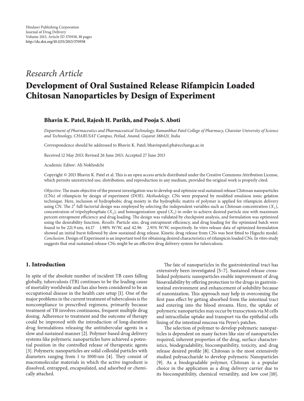 Development of Oral Sustained Release Rifampicin Loaded Chitosan Nanoparticles by Design of Experiment