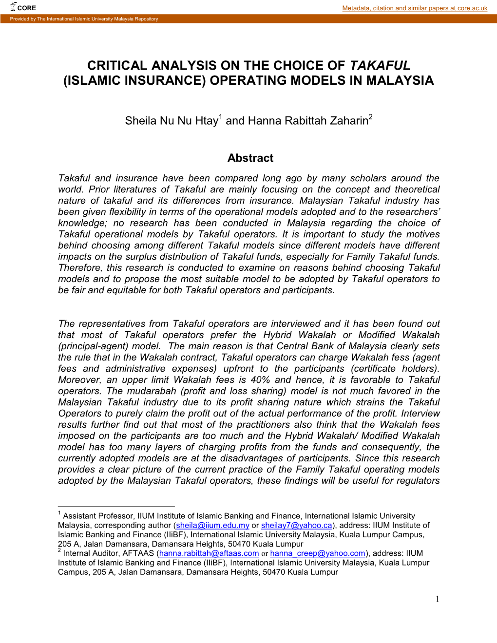 Critical Analysis on the Choice of Takaful (Islamic Insurance) Operating Models in Malaysia