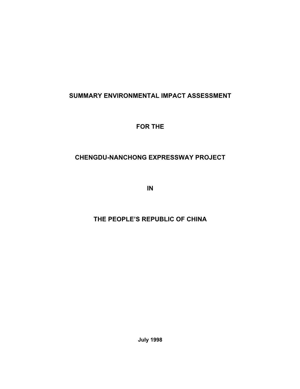 Summary Environmental Impact Assessment for the Chengdu-Nanchong Expressway Project in the People's Republic of China