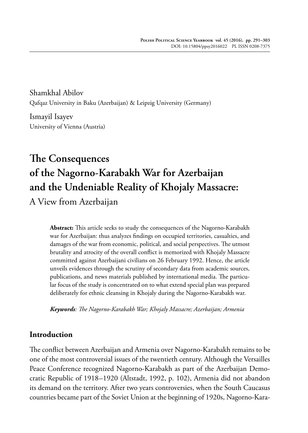 The Consequences of the Nagorno-Karabakh War for Azerbaijan and the Undeniable Reality of Khojaly Massacre: a View from Azerbaijan