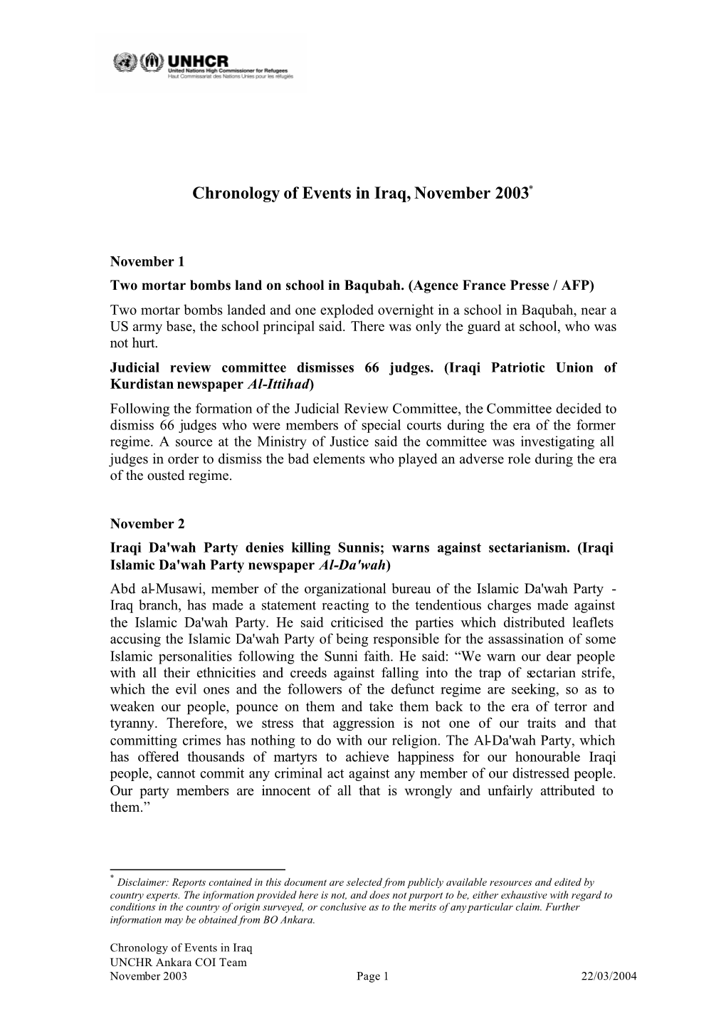 Chronology of Events in Iraq, November 2003*