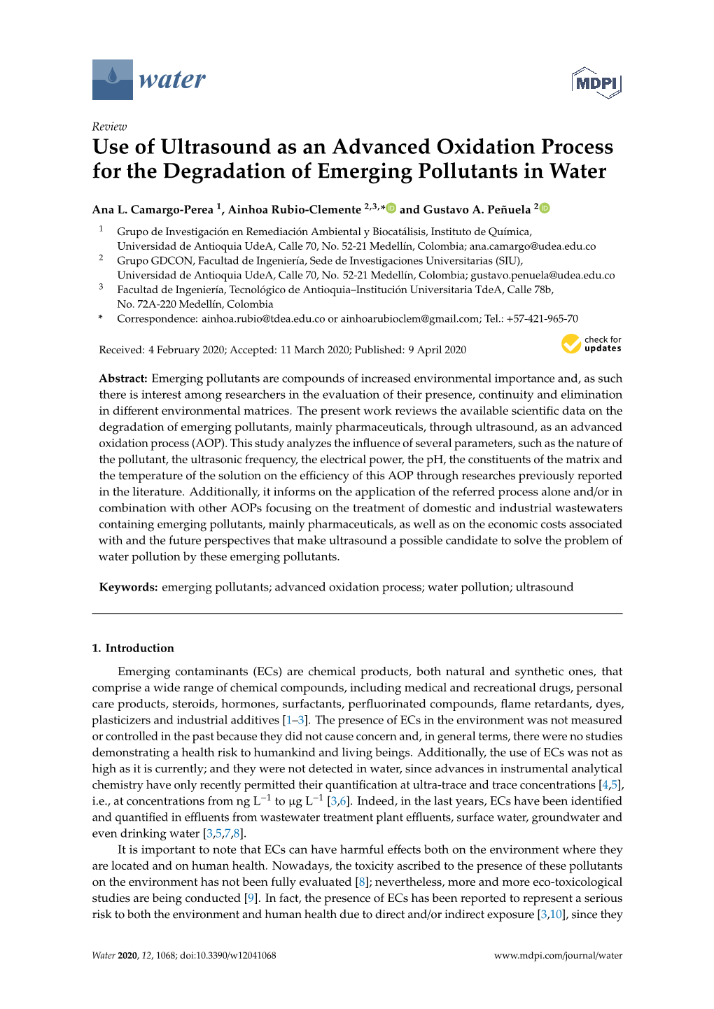 Use of Ultrasound As an Advanced Oxidation Process for the Degradation of Emerging Pollutants in Water