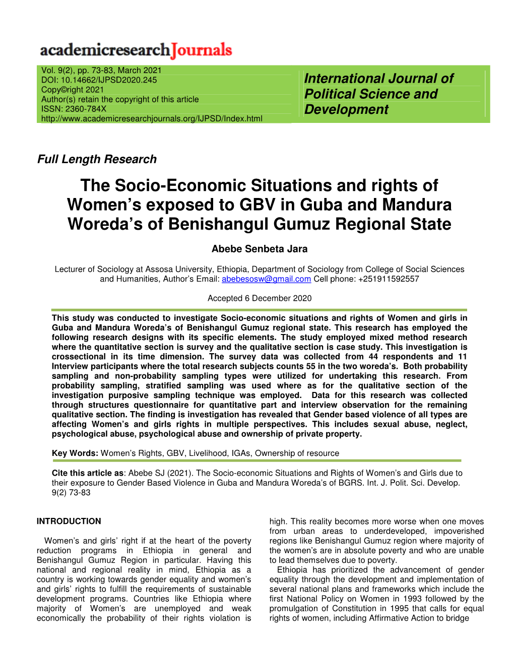The Socio-Economic Situations and Rights of Women's Exposed to GBV