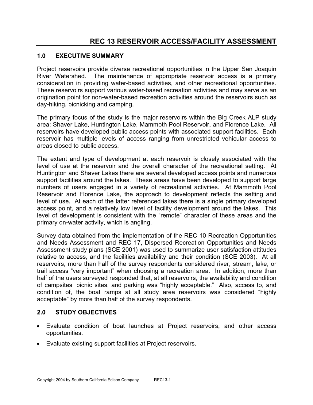 Rec 13 Reservoir Access/Facility Assessment