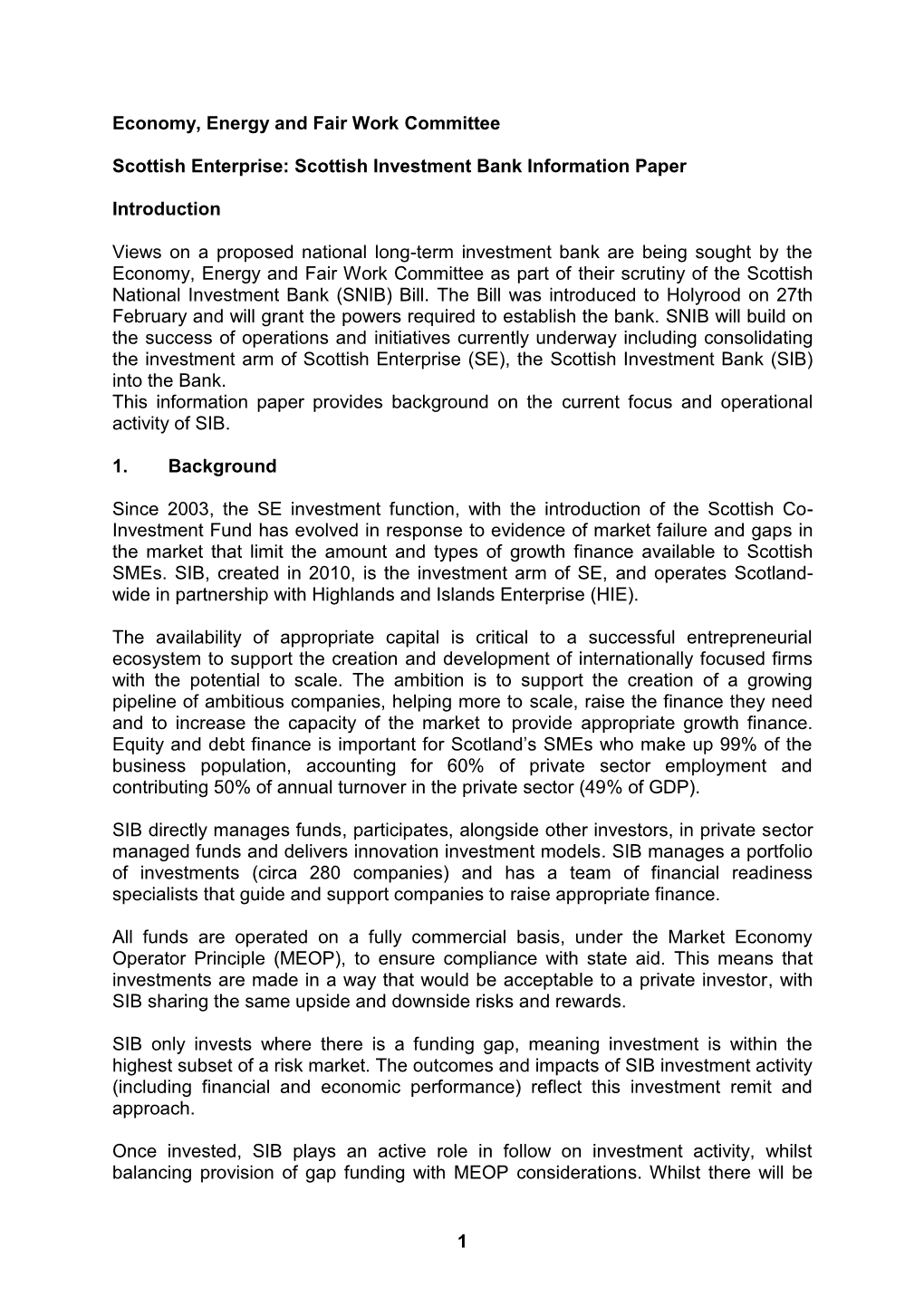 Scottish Enterprise: Scottish Investment Bank Information Paper