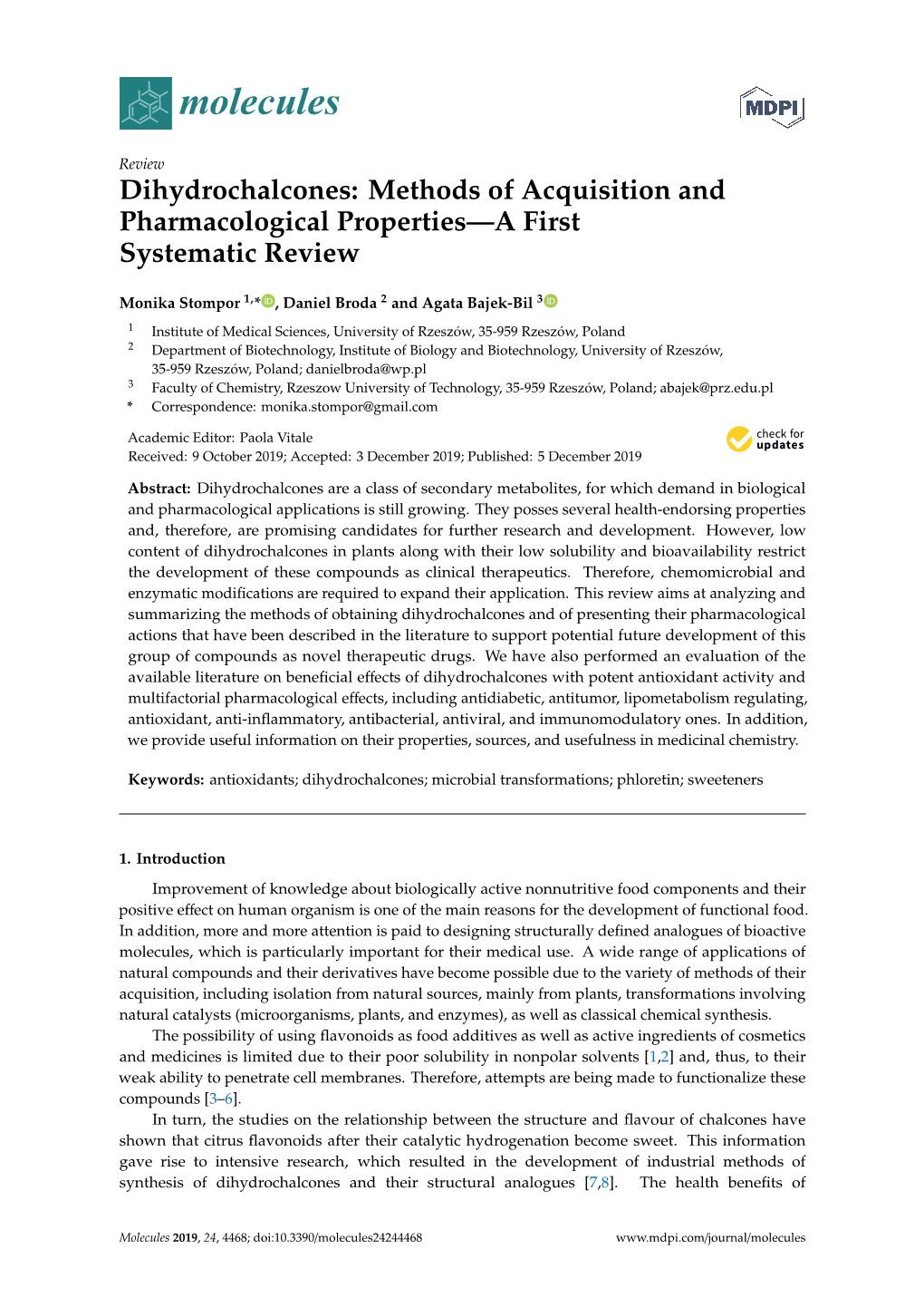 Dihydrochalcones: Methods of Acquisition and Pharmacological Properties—A First Systematic Review