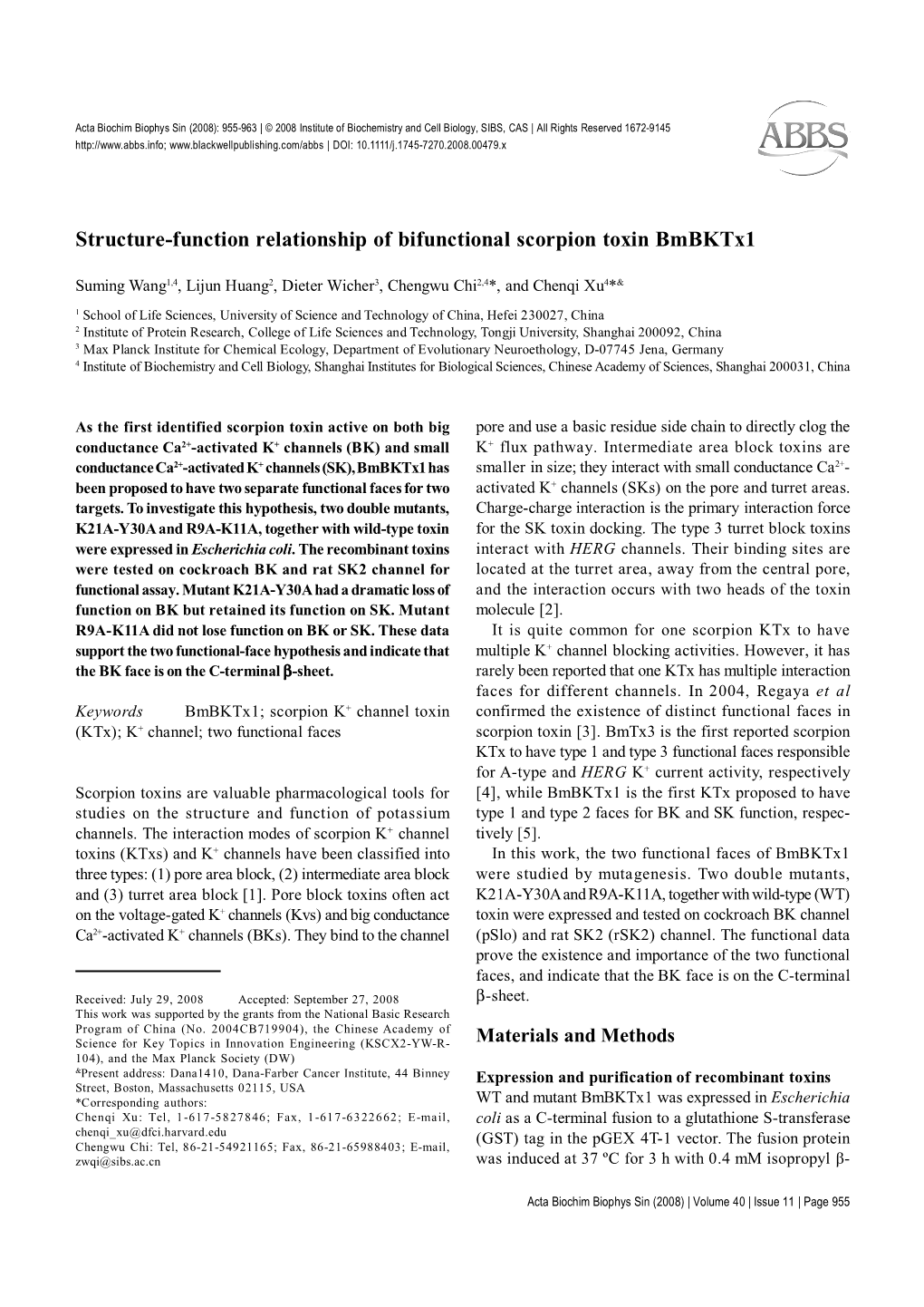 Structure-Function Relationship of Bifunctional Scorpion Toxin Bmbktx1