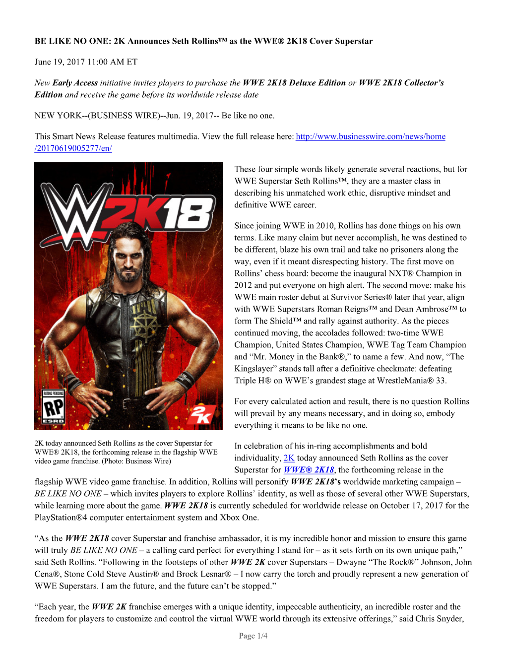 2K Announces Seth Rollins™ As the WWE® 2K18 Cover Superstar