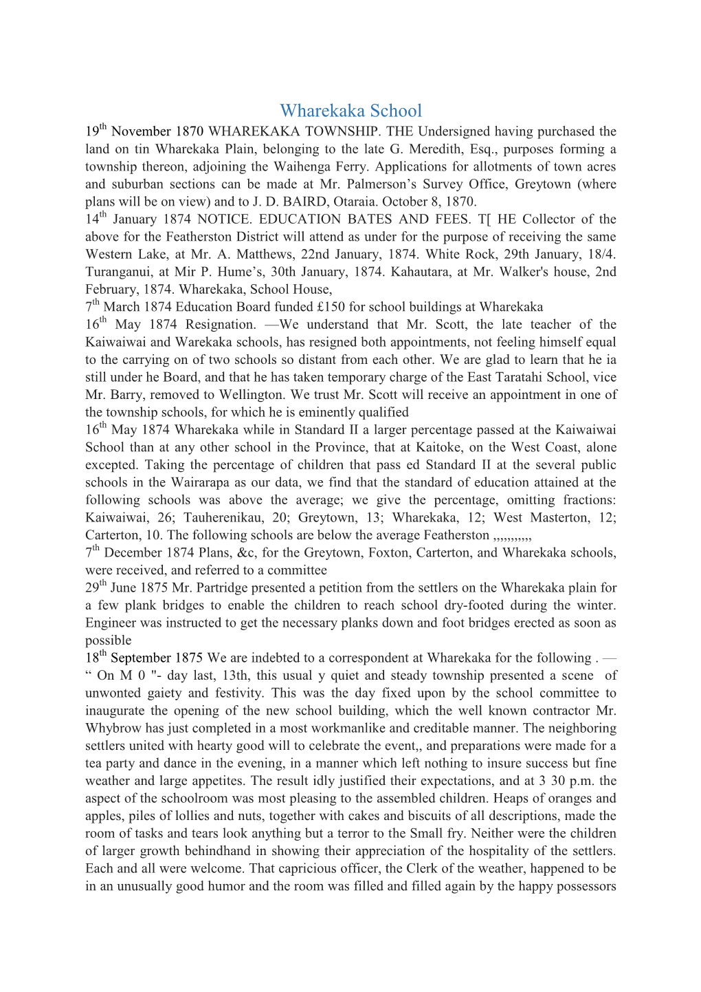 Wharekaka School 19Th November 1870 WHAREKAKA TOWNSHIP