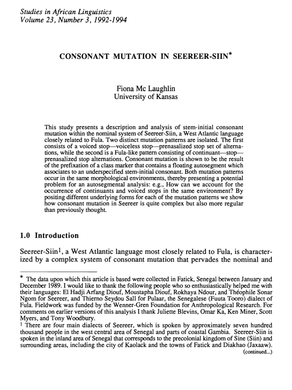 Consonant Mutation in Seereer-Siin*