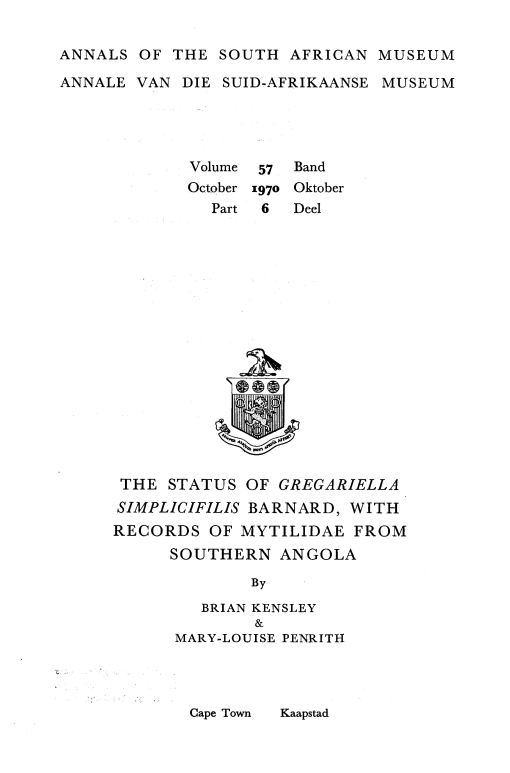 The Status of Gregariella Simplicifilis Barnard, with Records of Mytilidae from Southern Angola