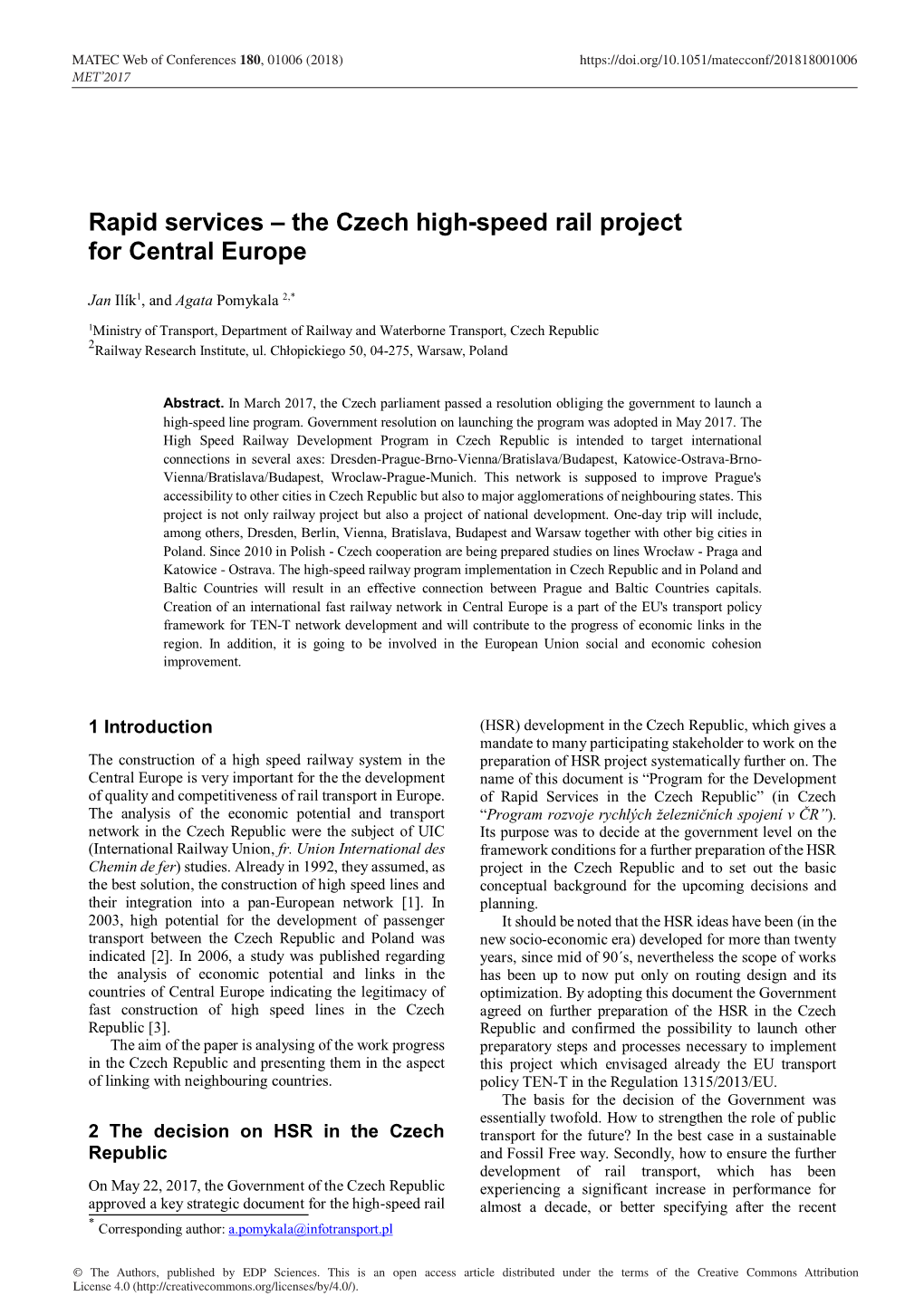 The Czech High-Speed Rail Project for Central Europe