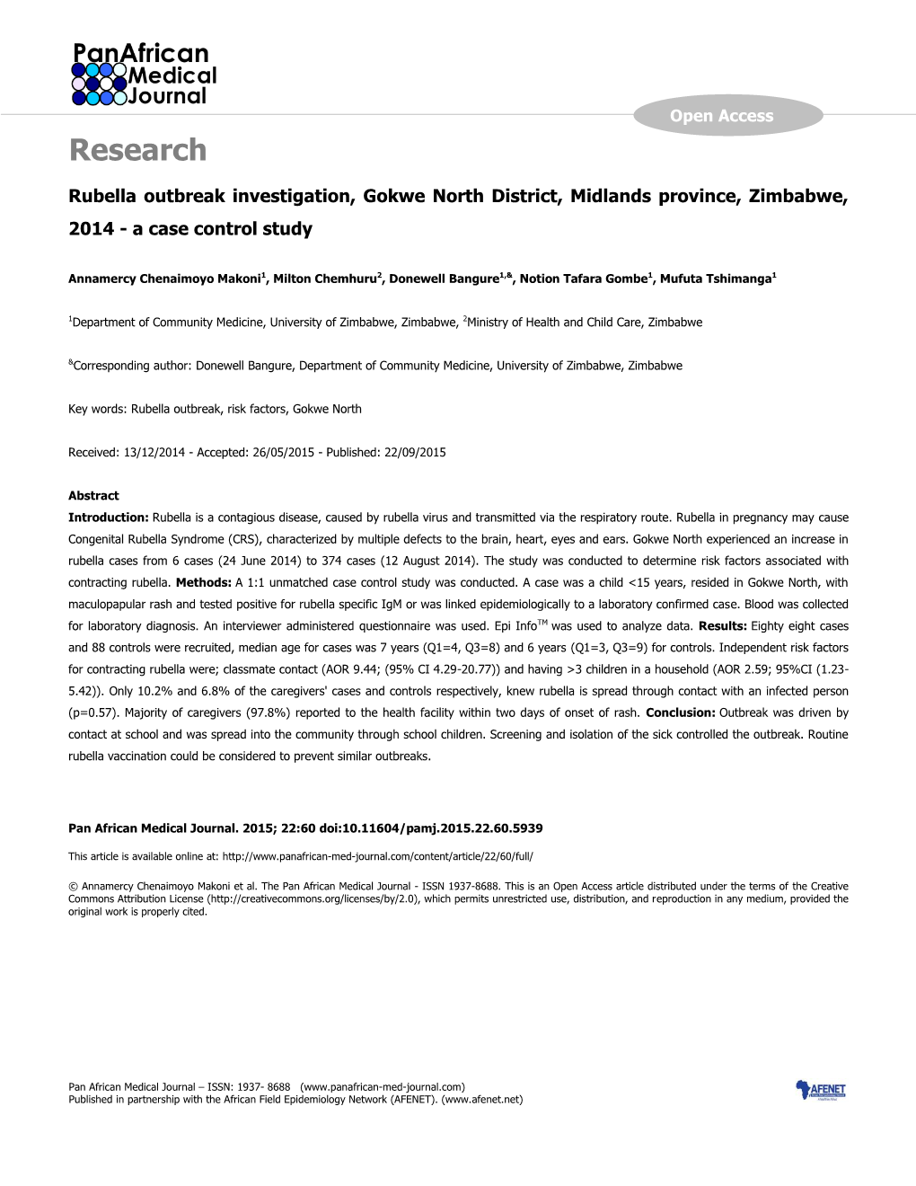 Research Rubella Outbreak Investigation, Gokwe North District, Midlands Province, Zimbabwe, 2014 - a Case Control Study