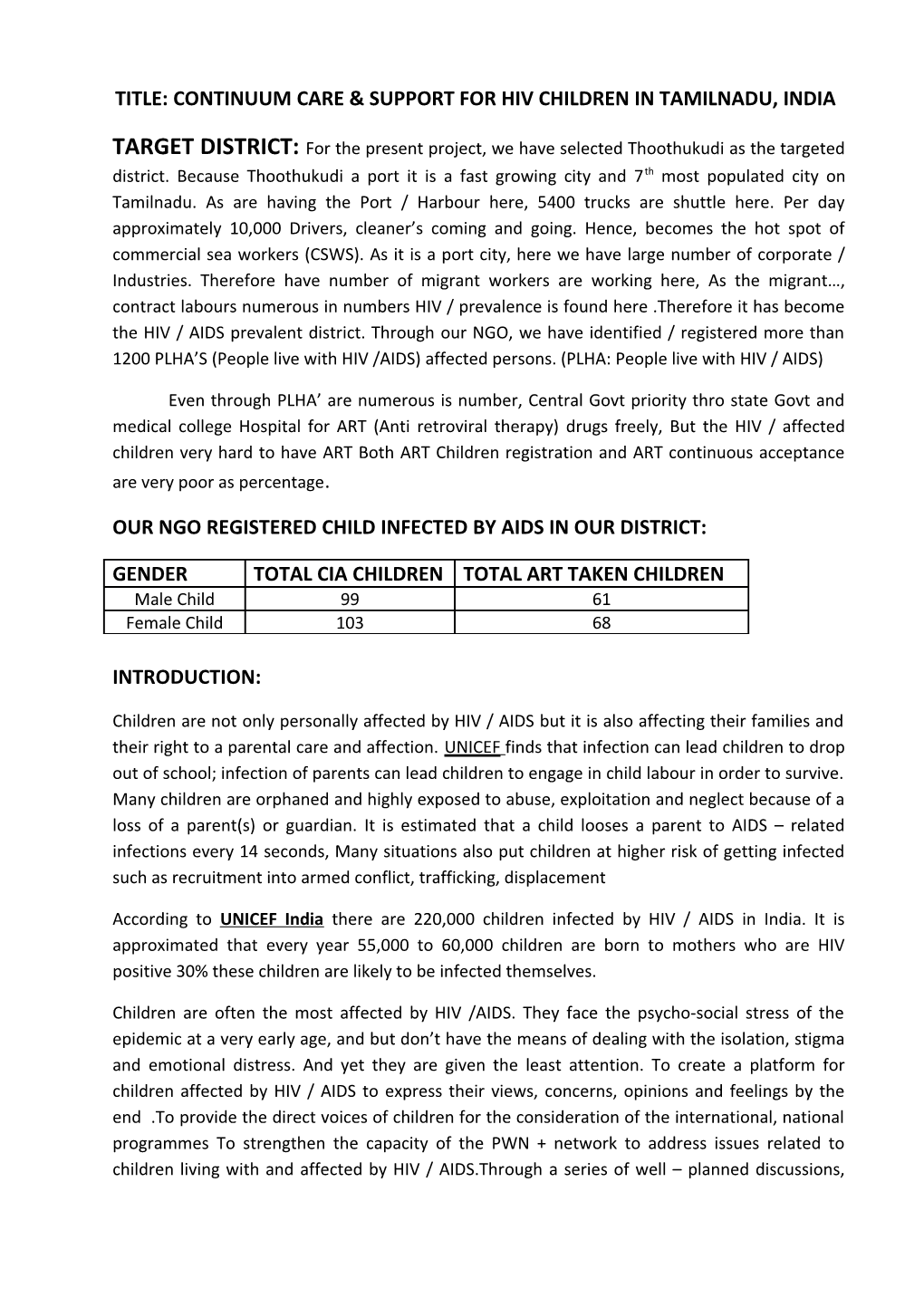 Title: Continuum Care & Support for Hiv Children in Tamilnadu, India