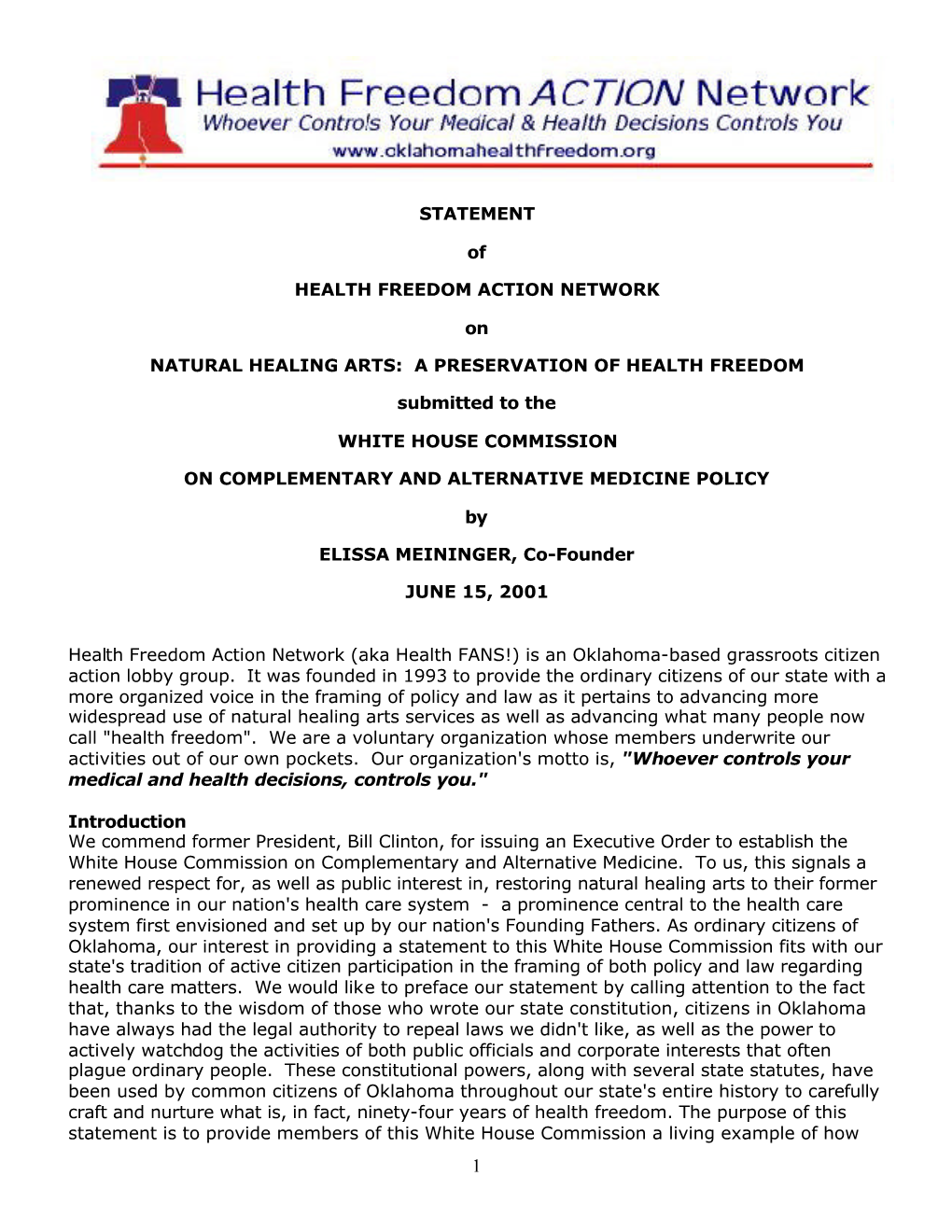 STATEMENT of HEALTH FREEDOM ACTION NETWORK on NATURAL