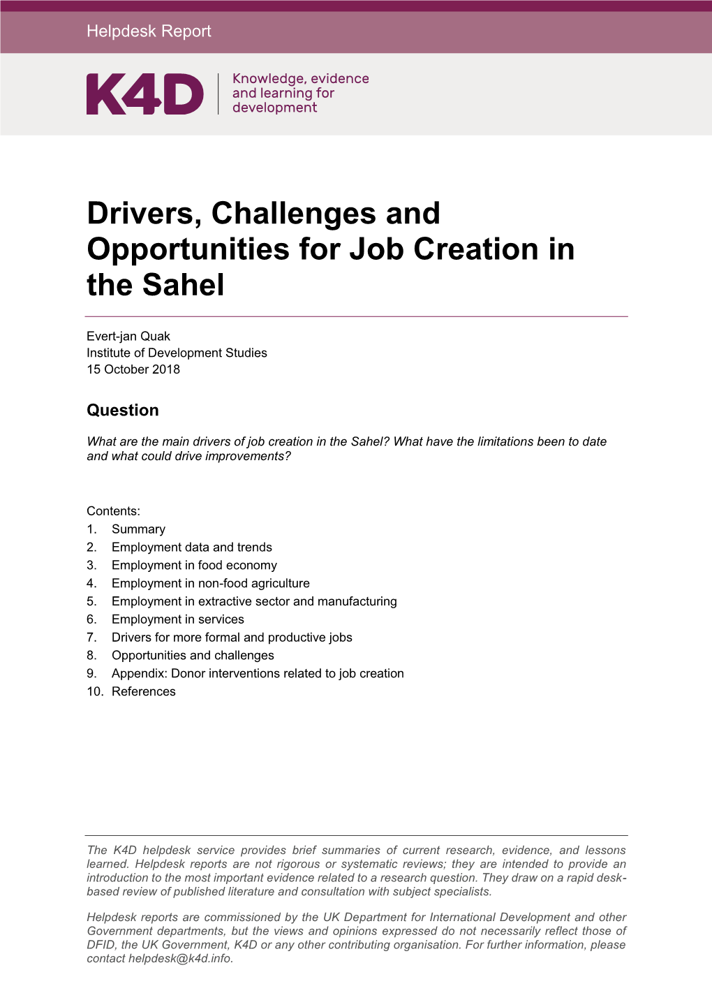 Drivers, Challenges and Opportunities for Job Creation in the Sahel