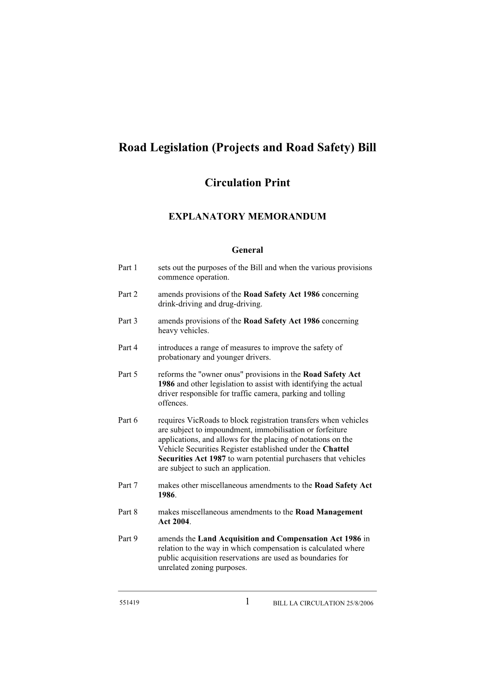 Road Legislation (Projects and Road Safety) Bill