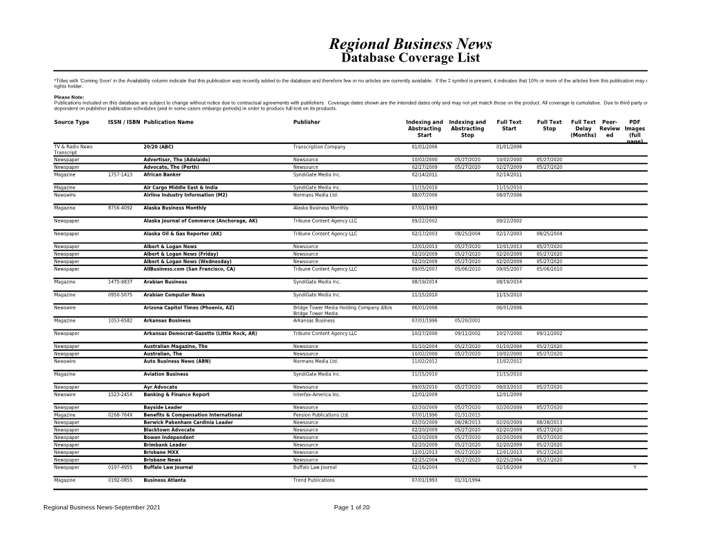 Regional Business News Database Coverage List