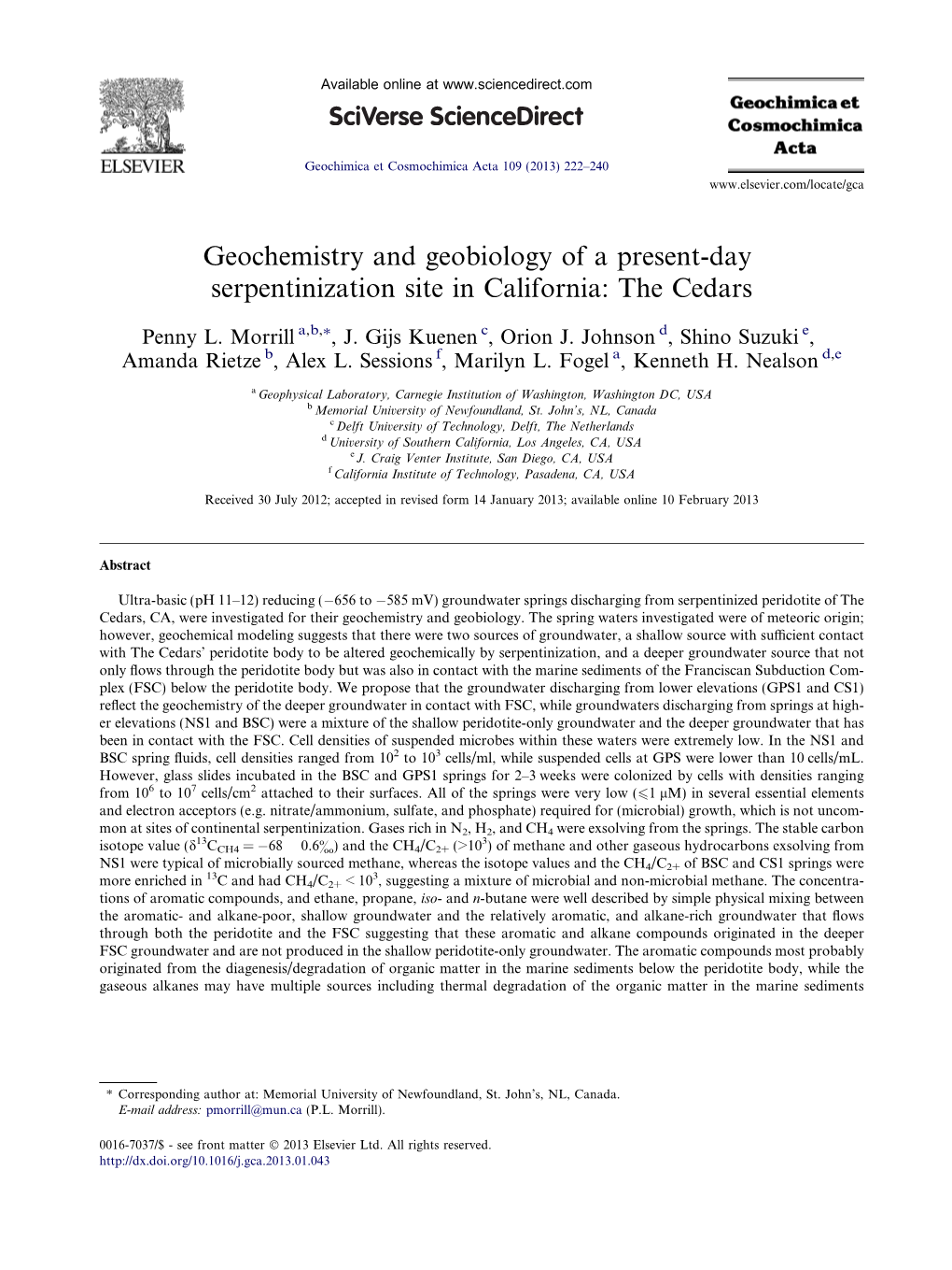 Geochemistry and Geobiology of a Present-Day Serpentinization Site in California: the Cedars