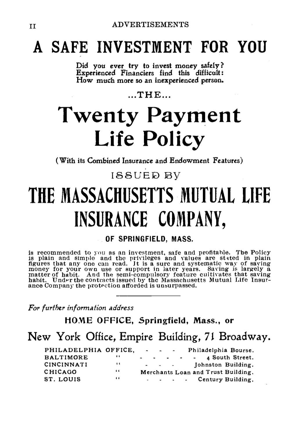 Twenty Payment Life Policy the MASSACHUSETTS