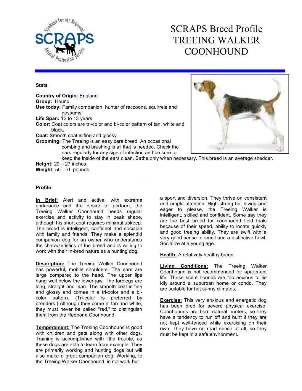 SCRAPS Breed Profile TREEING WALKER COONHOUND