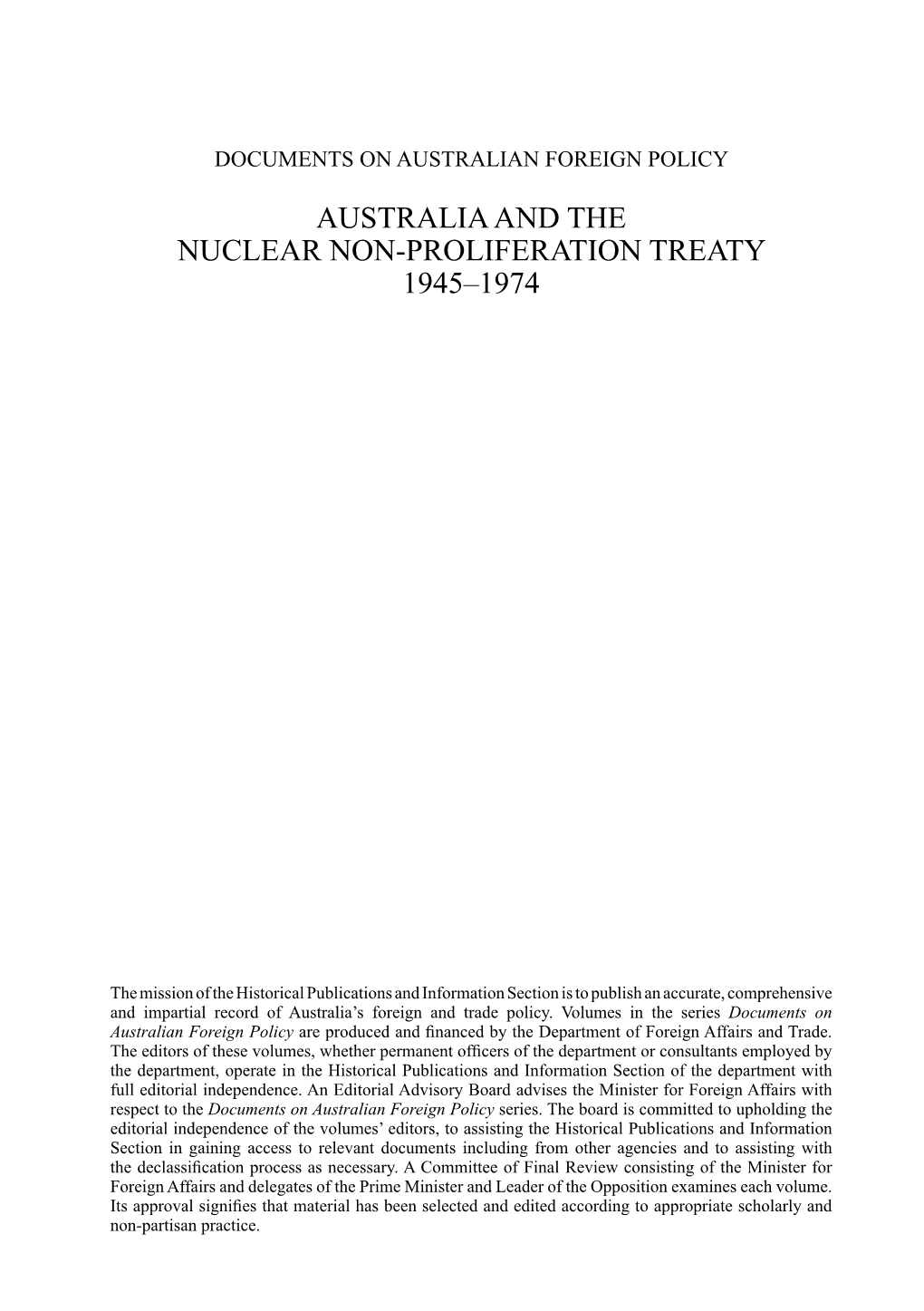 Australia and the Nuclear Non-Proliferation Treaty 1945–1974