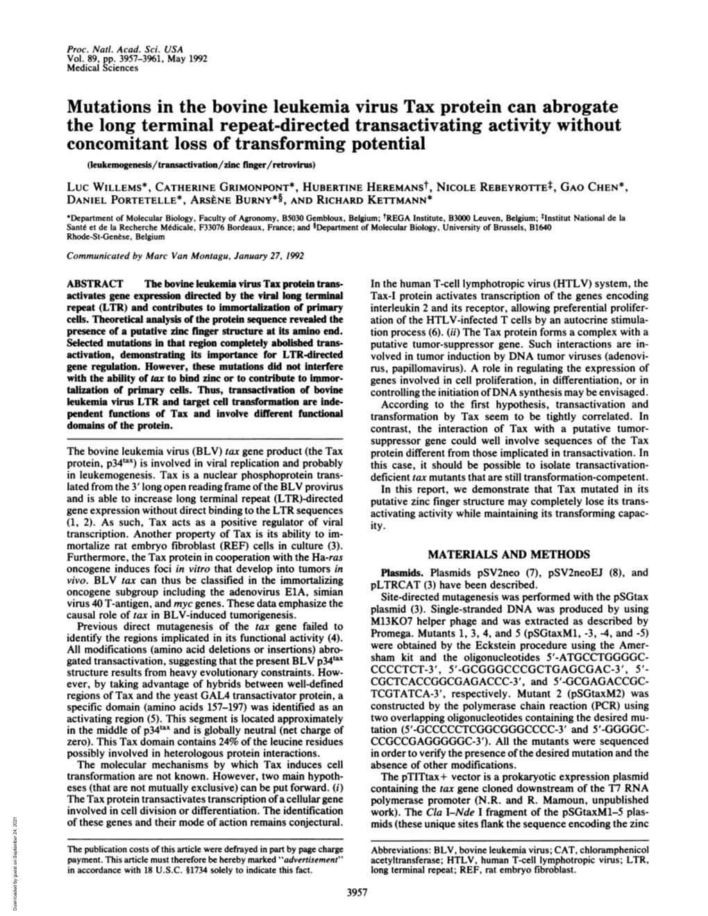 Mutations in the Bovine Leukemia Virus Tax Protein Can Abrogate the Long Terminal Repeat-Directed Transactivating Activity Witho