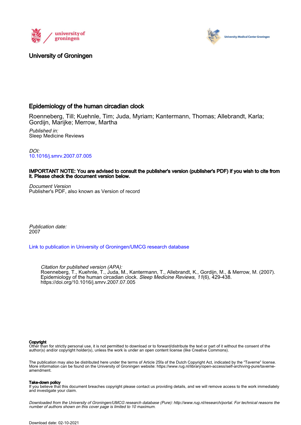 University of Groningen Epidemiology of the Human Circadian Clock