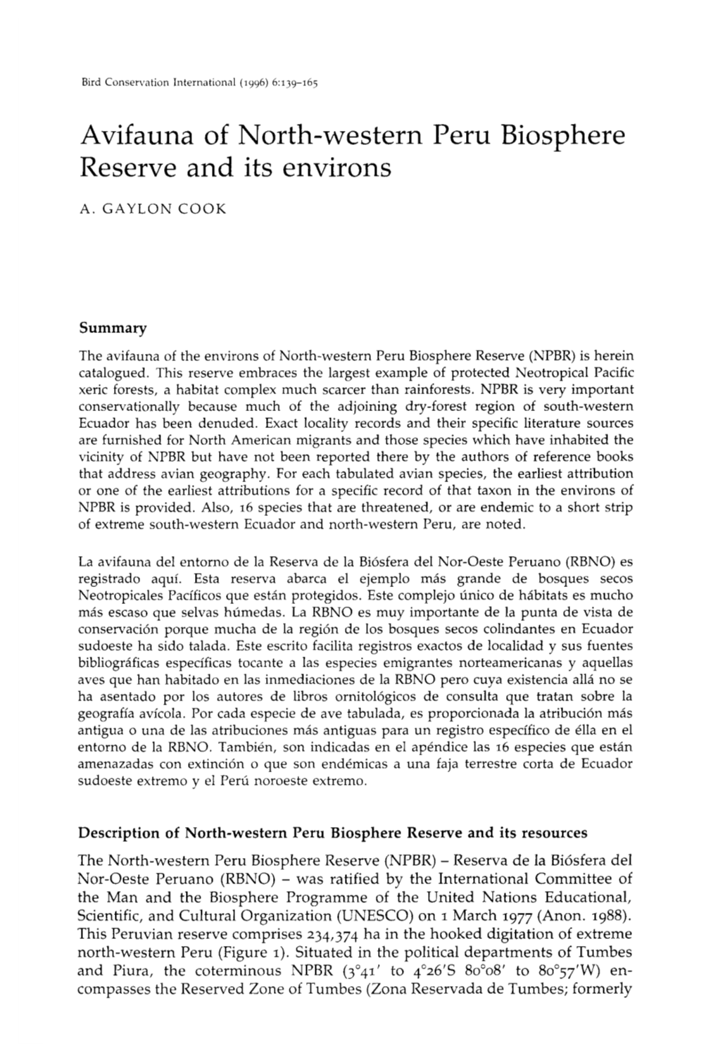 Avifauna of North-Western Peru Biosphere Reserve and Its Environs