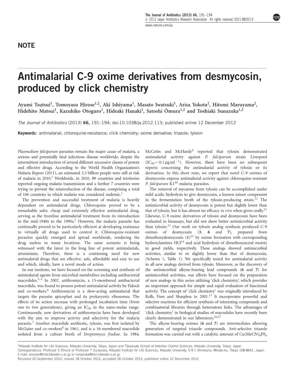 Antimalarial C-9 Oxime Derivatives from Desmycosin, Produced by Click Chemistry